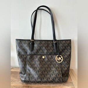Michael Kors Brown and Black MK Signature Tote with Gold Charm